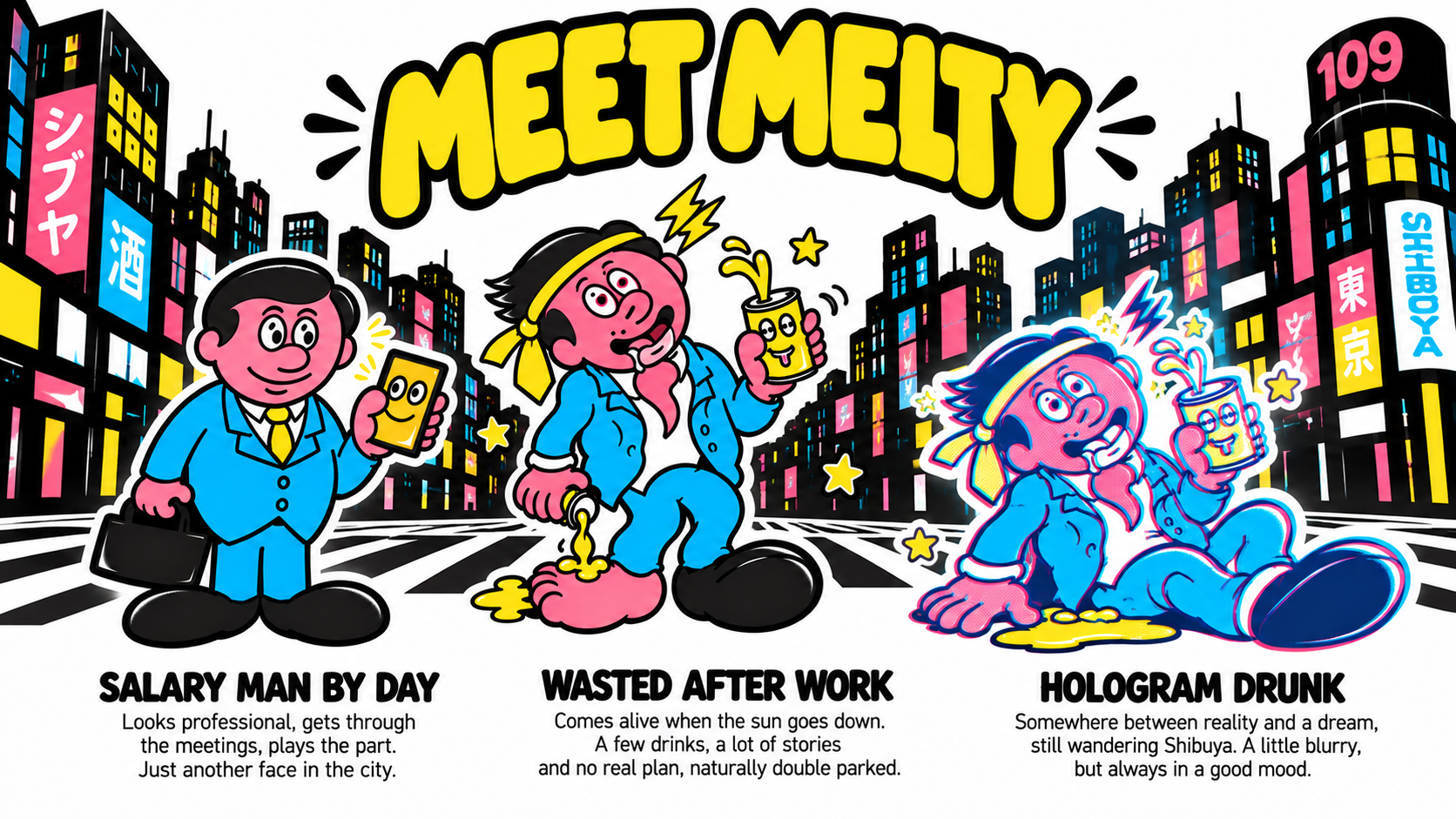 Meet Melty - Salaryman by day, wasted after work, hologram drunk